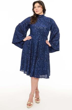 Unique Vintage Plus Size Sequin Mock Neck Swing Dress in Blue Sequin at Nordstrom, Size 2 X