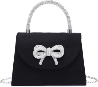 Generic Womens Suede Evening Clutch Bag with Rhinestone Bow, Diamante Top Handle & Chain Strap, Small Elegant Handbag for Wedding, Party & Formal Events (Blac