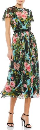 Mac Duggal Floral Illusion Cap Sleeve Midi Dress in Black Multi at Nordstrom, Size 12