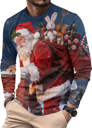 Generic Mens Christmas Long Sleeve T-Shirts Funny Xmas Holiday Printed Tops Vacation Christmas Shirt Crewneck Tees (UK, Alpha, 3XL, Regular, Regular, 20)