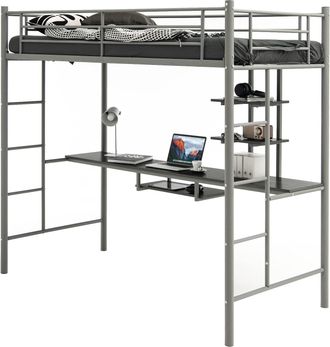 Costway Costway Cama Alta Con Escritorio 95x200cm, Cama Alta Individual, Estructura De Hierro, 2 Escaleras Bilaterales Y 2 Estantes De Almacenamiento, Literas