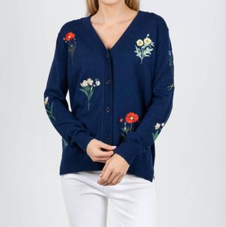 Vilagallo Botanico Embroidered Cardigan In Navy