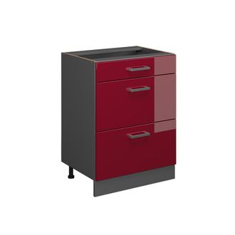 Vicco Mueble Bajo De Cocina R-line, Rojo Burdeos Alto Brillo, 60 Cm Con Cajones, Sin Encimera Vicco