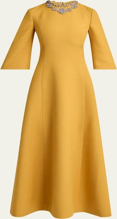 Valentino Garavani Crystal Embroidered Silk-Wool 3/4-Sleeve Midi Dress