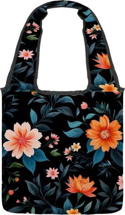 Generic Floral with Leaves Reversible Canvas Shoulder Tote - Double-Sided Print, 12oz Cotton, 27cm Drop, Fold-Flat Bag for Travel, Shopping, Street Outings
