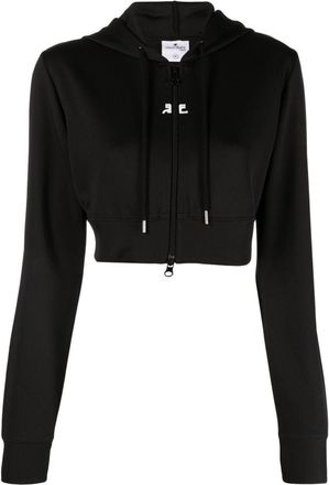Courrèges logo-patch cropped zipped hoodie - women - Polyester - S - Black