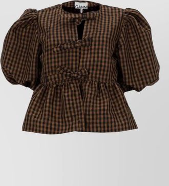 Ganni top bow detail peplum hem puff sleeves