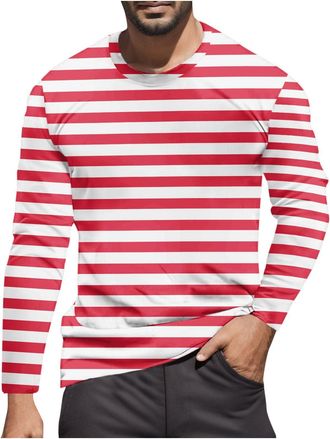 Generic Unisex Casual Striped Sailor T-Shirt for Men, Cotton Long Sleeve Crewneck Summer Top, Color Block Stripes Beach Carnival Costume, Regular Fit Comforta