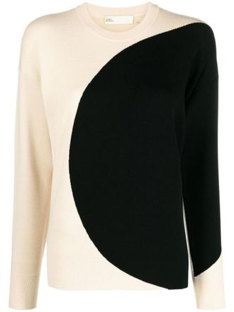 Tory Burch White Color Block Crew Neck Sweater