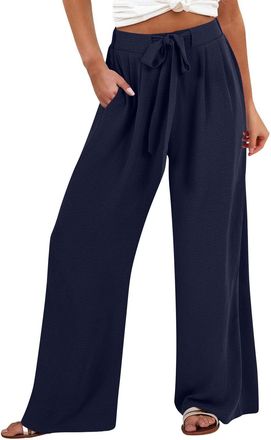 Generic Shffuw Linen Trousers Womens, Summer Comfy Cotton Baggy Trousers for Women UK, Elasticated High Waist Wide Leg Palazzo Pants with Pockets, Ladies Casu