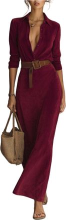 Generic Womens Suede Dress Long Sleeve Lapel Button Front Belted Maxi Dresses Warm Casual Dress Wine M