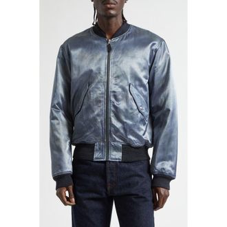 Ralph Lauren Quilted Embroidered Satin Flight Jacket in Vintage Blue at Nordstrom, Size X-Large