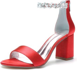 Generic Bridal Shoes Womens Block Heel Wedding Heels Sandals Open Toe Heels Wedding Shoes Formal Prom Party Dress Shoes 8Cm,red,10 UK