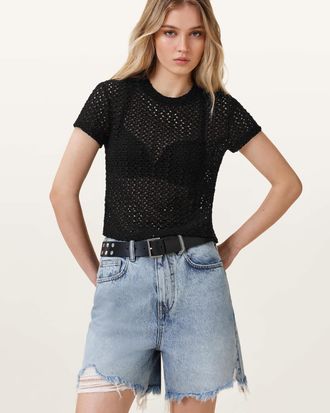 AllSaints Cotton Karma Crochet Stevie Slim Fit T-Shirt, Size: UK 14/US 10