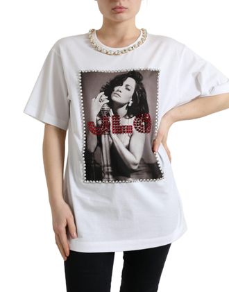 Dolce & Gabbana Womens Jlo Tshirt Crystalembellished Jersey Tee - White Cotton - Size EU 36 (Womens)