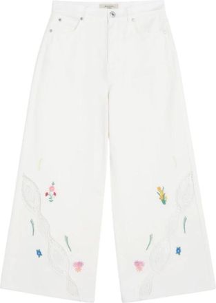 Max Mara Jeans, Dames, Wit, L, Katoen, Witte Jeans met wijde pijpen en bloemenborduursel