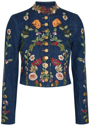 Alice & Olivia Emerson Floral-embroidered Stretch-denim Jacket - Blue - M (UK12 / M)
