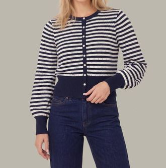 525 america Beckett Striped Pointelle Blouson Sleeve High Rib Cardigan In Dark Blue Combo