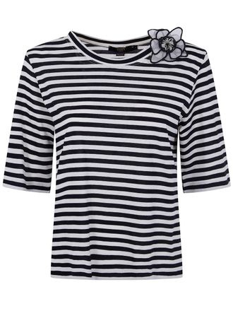 Seventy Cotton Jersey Stripes Boat Neck Flower T-Shirt