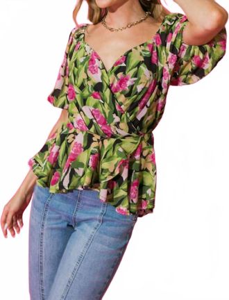Flying Tomato Ivy Floral Balloon Sleeve Top In Green/pink