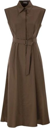 Brunello Cucinelli Texture Twill Chemisier Jurk - Dames - Shirt Kleedjes - Bruin - L - Katoen - Kleedjes