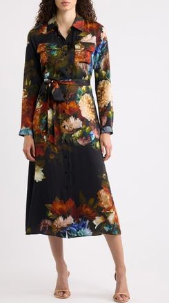 Elie Tahari The Kataleya Floral Long Sleeve Stretch Silk Midi Shirtdress in Mystical Forrest at Nordstrom, Size 14