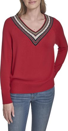 Tommy Hilfiger Womens Solid V-Neck Pullover Tipped Sweater, Scarlet, M