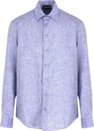 Emporio Armani Blauwe Avio T-shirt met klassieke kraag - Heren - Casual Overhemden - Blauw - XL - Linnen - Overhemden