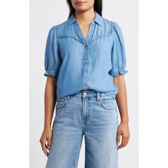 Beach Lunch Lounge Indira Short Sleeve Denim Button-Up Shirt in Medium Wash at Nordstrom, Size X-Large