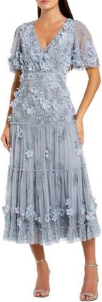 Mac Duggal Floral Embellished Flutter Sleeve Dress in Powder Blue at Nordstrom, Size 16