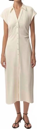 Exquise Ursula Collared Gathered Waist Knit Midi Dress In Bone