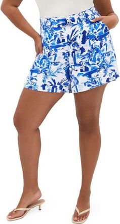 City Chic Palm Tree Print Shorts in Blue Palm at Nordstrom, Size Xxxs