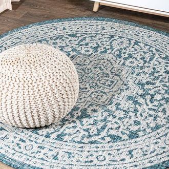 Jonathan Y Designs Sinjuri Medallion Textured Weave Indoor/Outdoor Round Area Rug in Teal Blue/gray at Nordstrom, Size 5Ft 0In X 5Ft 0In