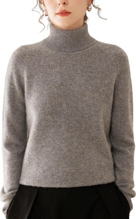 Dissa Women Cashmere Jumper Grey Roll Neck Knitted Jumper Long Sleeve Relaxed Cashmere&Wool Thick Plain Ladies Sweater,UK 16,MH560