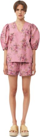 Ganni Pink Printed Cotton Elasticated Shorts - Size 34 Organic