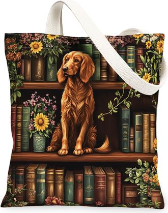 Generic Spring Irish Setter Dog Canvas Tote Bag for Shopping 13x15, Flower Bookshelf Puppy Reusable Grocery Print Bag for Women, Fun Pet Beach Aesthetic Paint