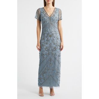 Pisarro Nights Beaded Mesh Column Gown in Soft Blue 401 at Nordstrom, Size 14