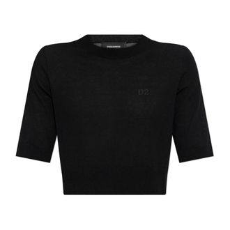 Dsquared2 Wollen top met logo - Dames - Ronde hals truien - Zwart - 2XS - Wol - Truien & Vesten