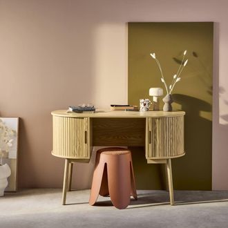 Sweeek 120cm Grooved Wooden-effect Oval Desk With Two Storage Spaces in Light Brown