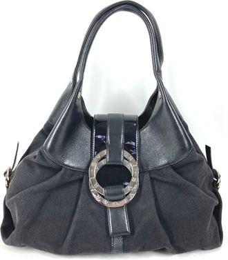 Bulgari Chandra Black Leather Canvas Shoulder Bag Tote Bag (Pre-Owned)