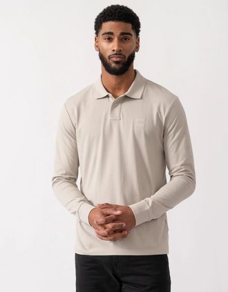 HUGO BOSS Mens BOSS Orange Passerby Mens Long Sleeve Stretch-Cotton Polo Shirt with Logo Patch - Open Grey 070 - Tan - Size: 40