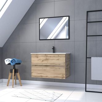 Aurlane Aurlane - Mueble De Ba&ntilde;o 80cm Suspendido Acabado Roble - Lavabo Blanco+ Espejo - Timber 80 - Pack35