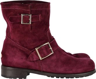 Jimmy Choo London Pre-owned Womens Double-Buckle Detail Ankle Boots in Burgundy Suede - Size EU 39