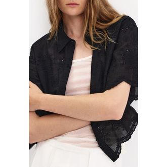 Mango Embroidered Cropped Shirt in Black at Nordstrom, Size 4