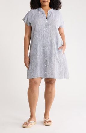 Eileen Fisher Mandarin Collar Organic Linen Shirtdress in Ink at Nordstrom, Size 2 X