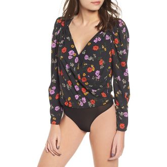 ASTR the Label Wrap Bodysuit in Black Multi Floral at Nordstrom, Size Large