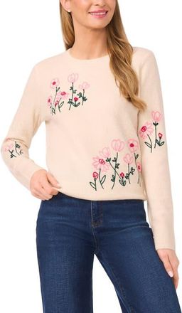 CeCe by Cynthia Steffe Flower Embroidery Crewneck Sweater in Birch at Nordstrom, Size Xx-Large