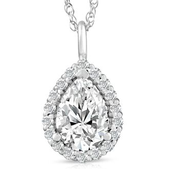 Pompeii3 2 1/6 Pear Shape Moissanite & Lab Grown Diamond Halo Pendant 14k Gold Necklace