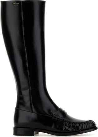 Prada High Boots, female, Black, Size: 6 1/2 US Polished Leather Penny Knee-High Boots