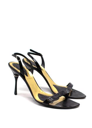Bottega Veneta Black Croc Embossed Ankle Strap Sandals Size 39.5
